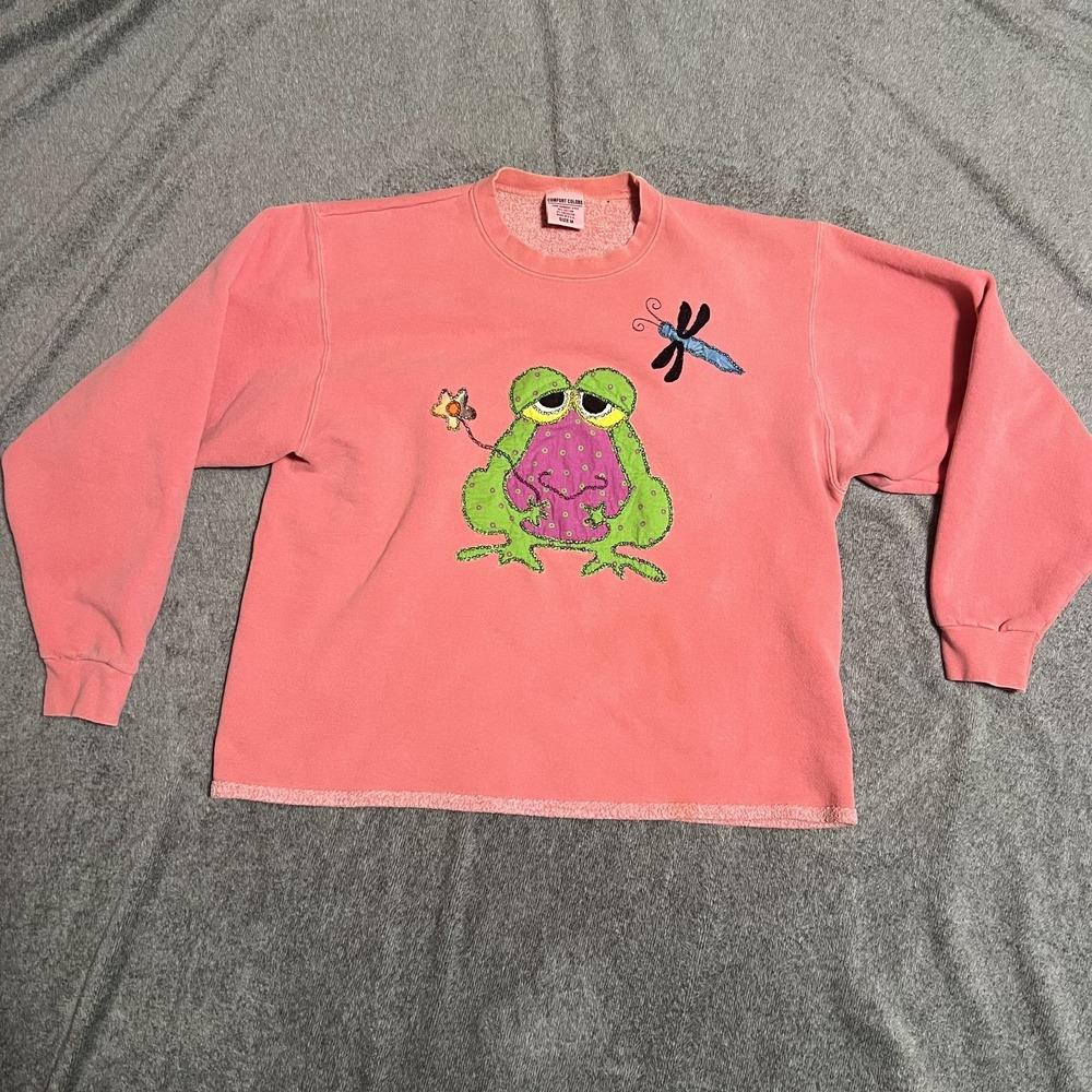 Comfort Colors Sweatshirt Womens Medium Coral Crewneck Frog & Dragonfly